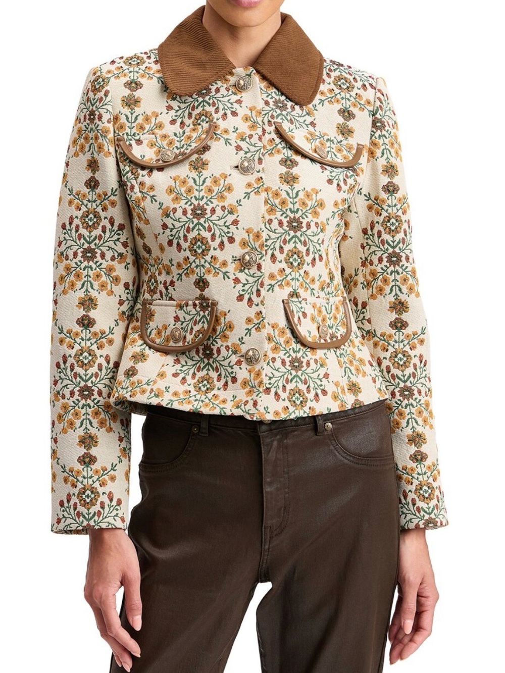 Avec Les Filles Floral Embroidered Cream Jacket with Brown Trim NWT Size XS